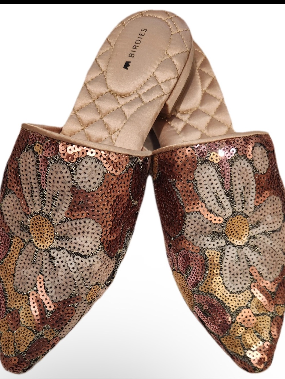 Birdies The Dove Pink Petal Floral Sequin Pointed Toe Mules Flats in Size 9 NWOB